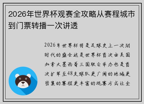 2026年世界杯观赛全攻略从赛程城市到门票转播一次讲透 2026年世界杯观赛全攻略从赛程城市到门票转播一次讲透